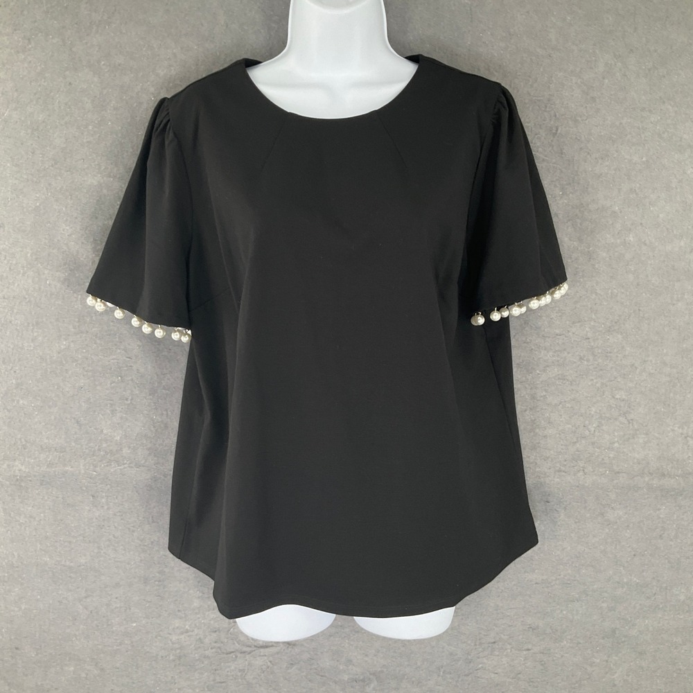 Cato Womens Black Short Sleeve Top Pearl Embellished Sleeve Detail Sz L Office